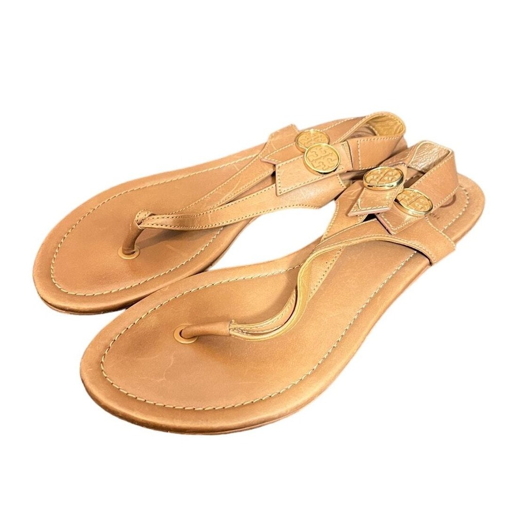 TORY BURCH Minnie Travel‎ thong slingback sandals sz 8 M Royal tan leather